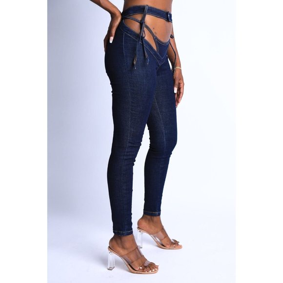 Women's Self Belted Bikini Cutout Sexy Denim Pants S M L Denim Indigo White - Picture 2 of 10